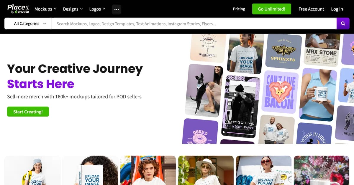 Placeit homepage hero promoting its mockup and template library