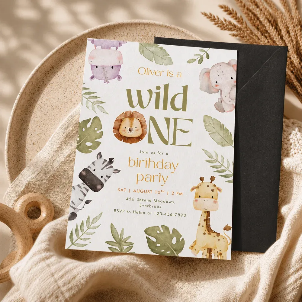 A children's party invitation on a plate beside a black envelope, the envelope colour unrelated to the design