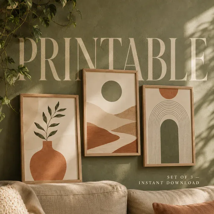 A printable wall art set shown framed on a sage green wall