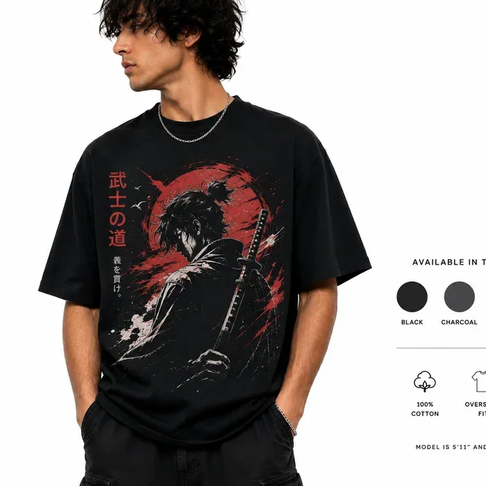An oversized black t-shirt listing image worn by a model