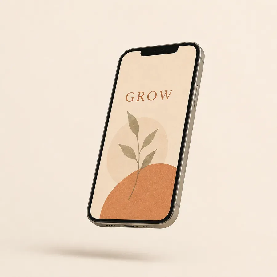 A Canva template design on a bare phone render, floating on a plain ground