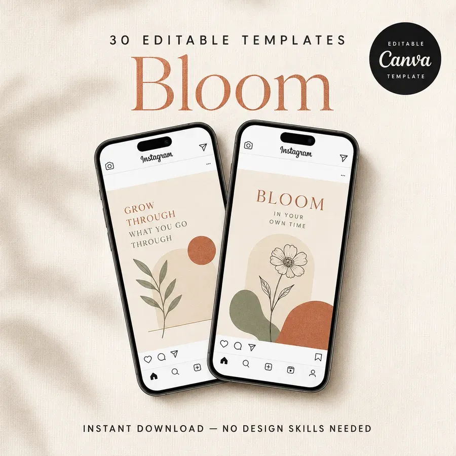A finished listing hero reading 30 editable templates, with the Canva badge