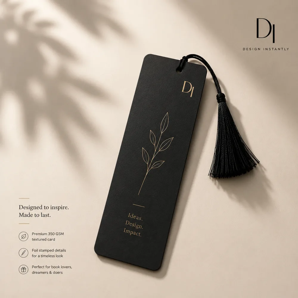A black bookmark with a gold foil leaf and a black tassel, on cream paper under palm shadows, the Design Instantly logo in the top right corner