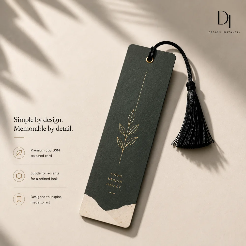 A dark green bookmark with a gold foil stem and a black tassel, the same logo in the same corner