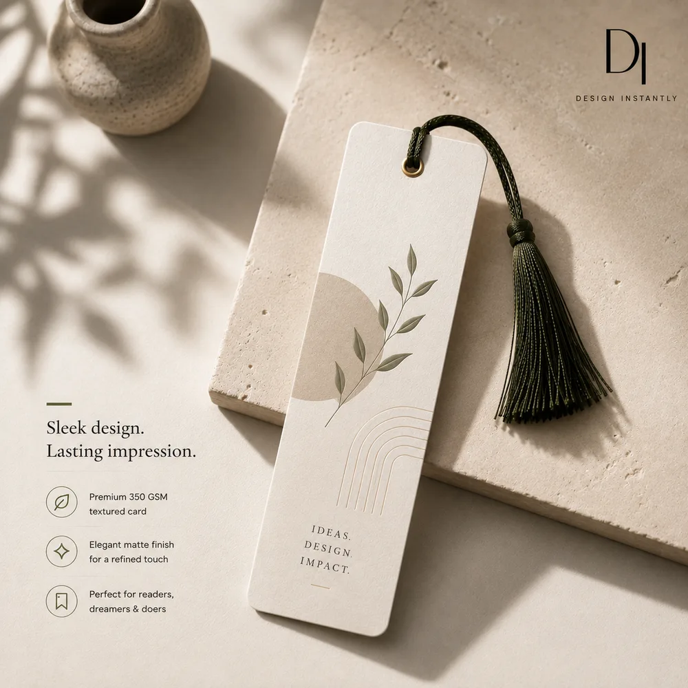 A cream bookmark with a sage leaf motif and an olive tassel, resting on a stone slab beside a vase, the same logo in the same corner