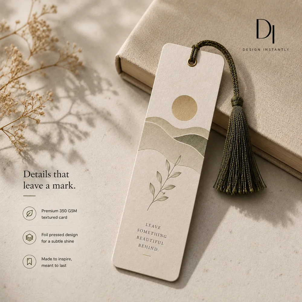 A cream bookmark with a sun and hills design and an olive tassel, leaning against a linen bound book, the same logo in the same corner