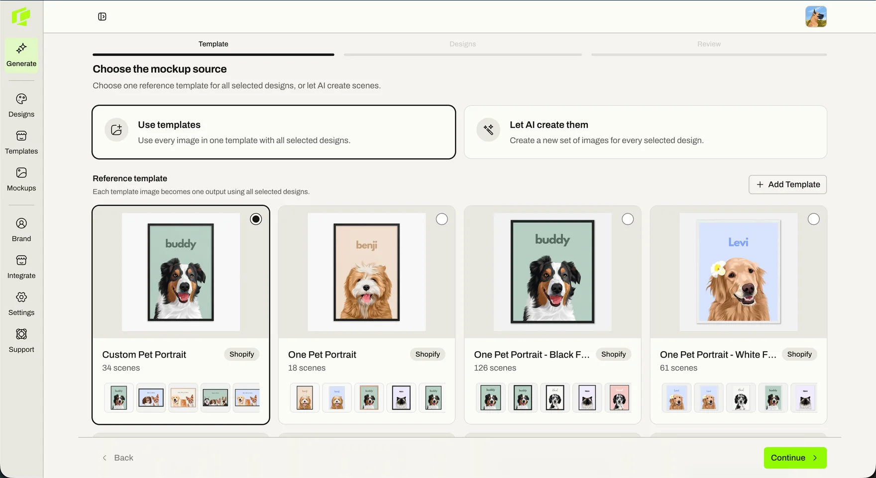 The template step, showing existing Shopify listings to pick as the mockup source, with the number of scenes in each