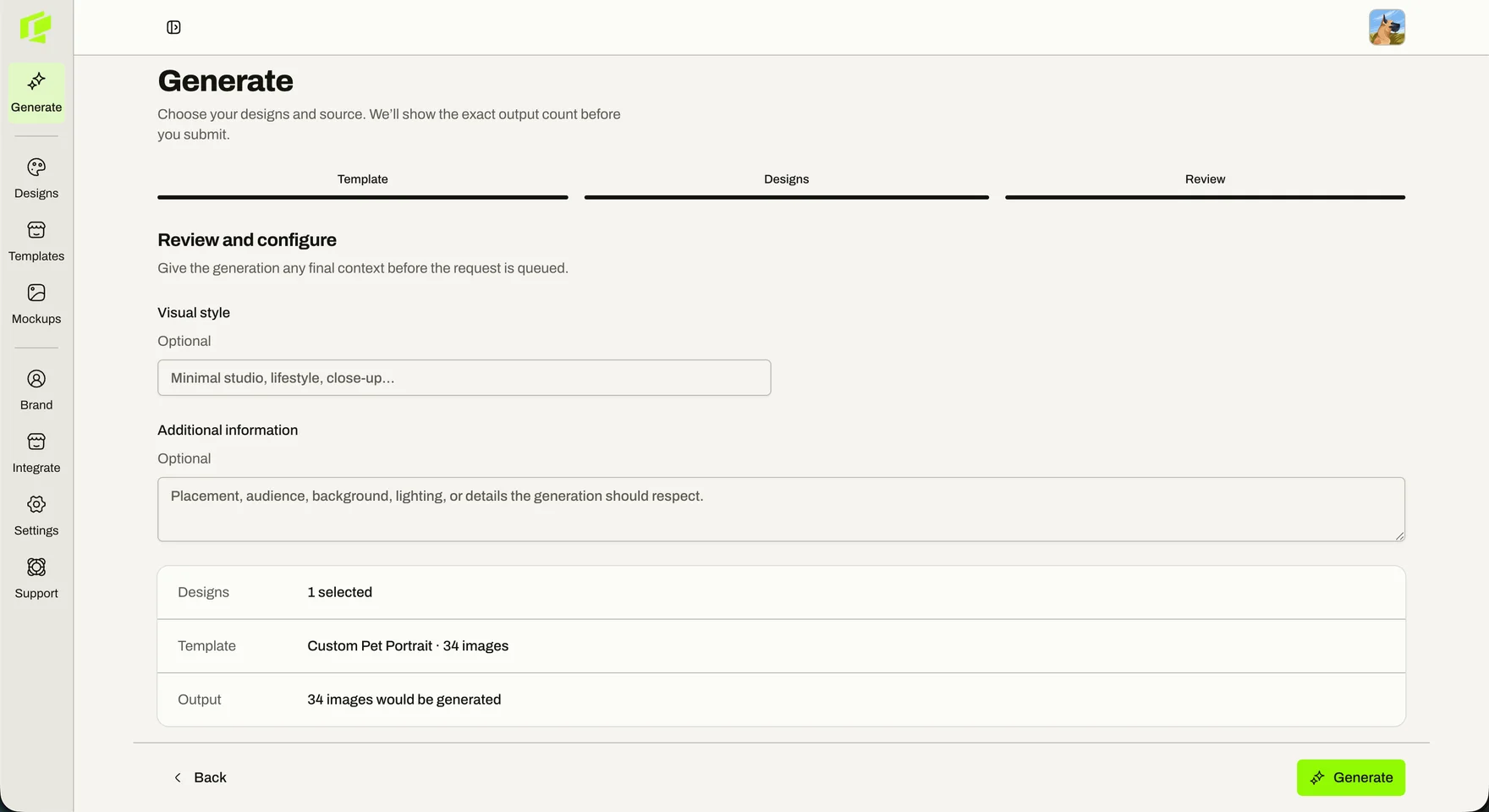 The review step, showing optional style notes and a summary reading thirty four images would be generated